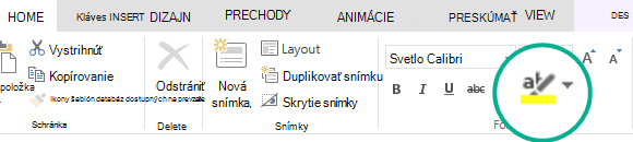 Tlačidlo Zvýrazňovač textu sa v PowerPointe Online nachádza na páse s nástrojmi na karte Domov