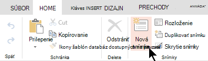 Tlačidlo Nová snímka na karte Domov alebo na páse s nástrojmi