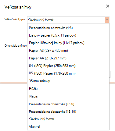 Možnosti veľkosti snímok v PowerPointe Online