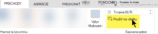 Vyberte položku Použiť na všetky a použite prechod na každej snímke v prezentácii