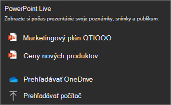 Snímka obrazovky s ponukou zdieľania v službe PowerPoint Live zobrazujúca možnosti súborov a možnosti Prehľadávať OneDrive a Prehľadávať moje súbory.