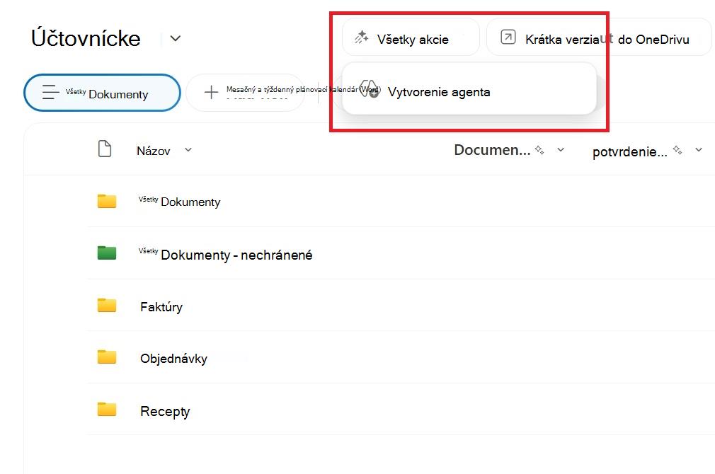 Snímka obrazovky zobrazujúca tlačidlo na vytvorenie agenta z knižnice dokumentov SharePoint.