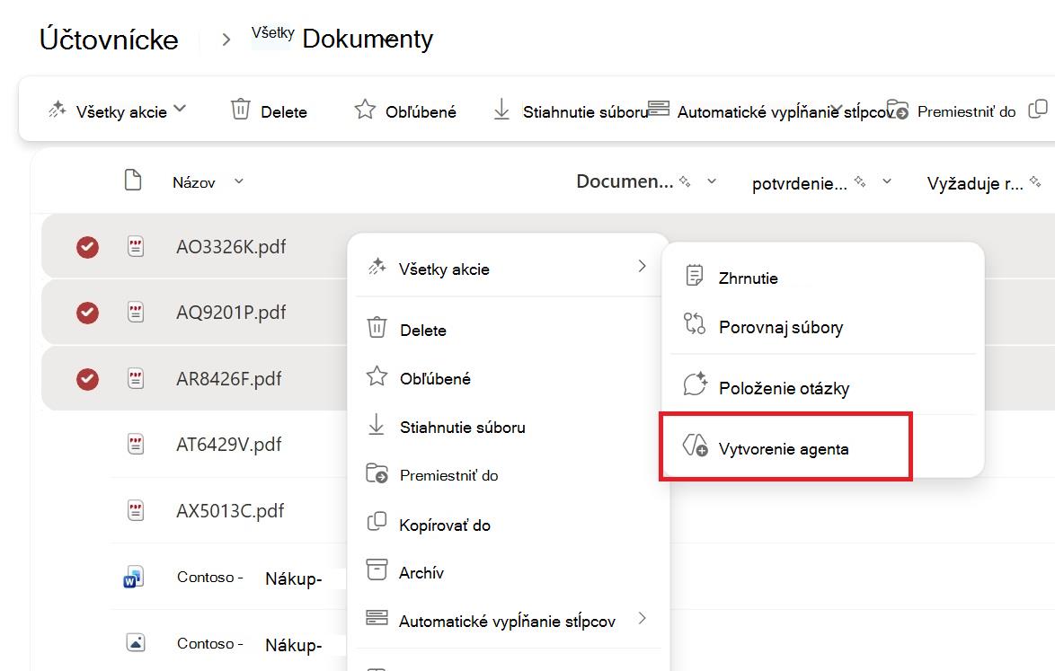 Snímka obrazovky zobrazujúca tlačidlo na vytvorenie agenta z kontextovej ponuky výberu súboru alebo priečinka