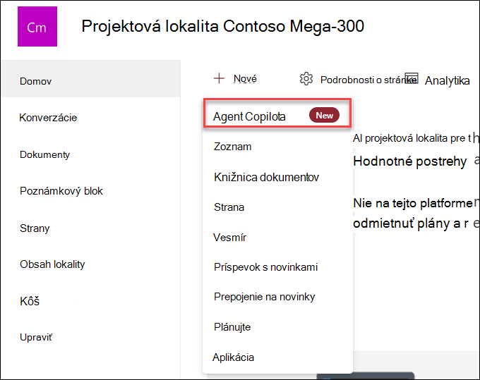 Snímka obrazovky vytvorenia nového agenta Copilota z domovskej stránky lokality