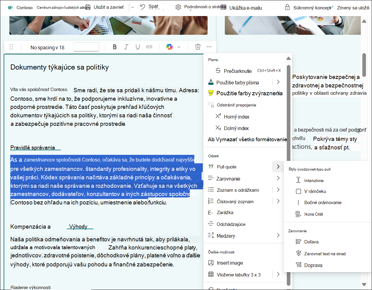 snímka obrazovky s úpravami tabuľky textu