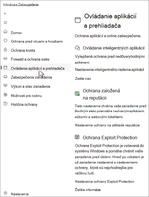 Snímka obrazovky so stránkou ovládania aplikácie a prehliadača aplikácie Windows Zabezpečenie.