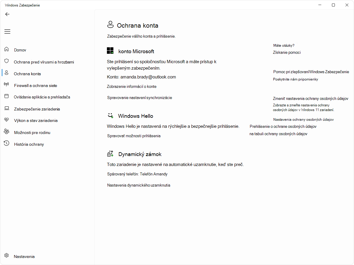 Snímka obrazovky so stránkou ochrany konta v aplikácii Windows Zabezpečenie.