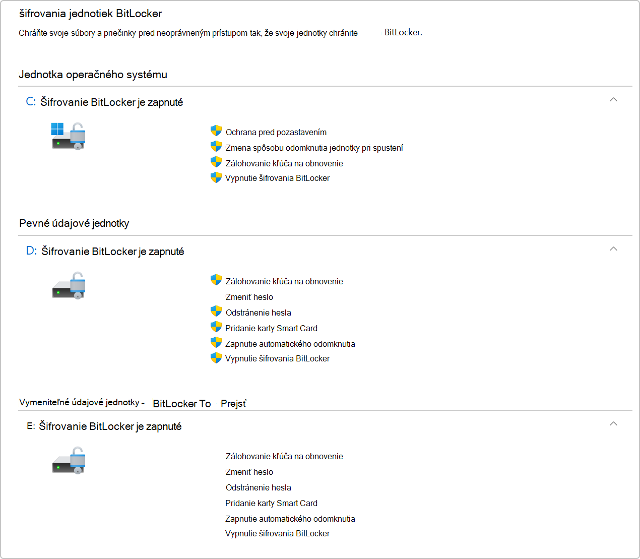Snímka obrazovky šifrovania jednotky šifrovaním BitLocker v ovládacom paneli.