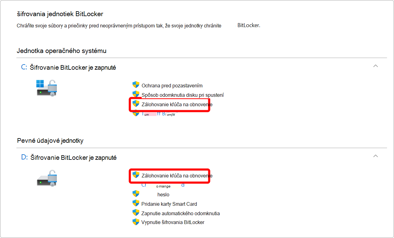 Snímka obrazovky ovládacieho panela zobrazujúca možnosť zálohovať kľúč na obnovenie šifrovania BitLocker pre jednotku operačného systému aj údajovú jednotku.
