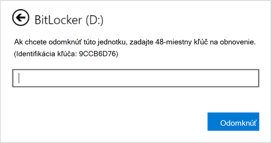 Snímka obrazovky s dialógovým oknom na zadanie obnovenia šifrovania BitLocker pre jednotku údajov.