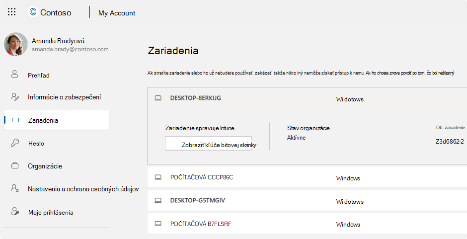 Snímka obrazovky s kľúčmi na obnovenie pre šifrovanie BitLocker pre pracovné alebo školské konto.