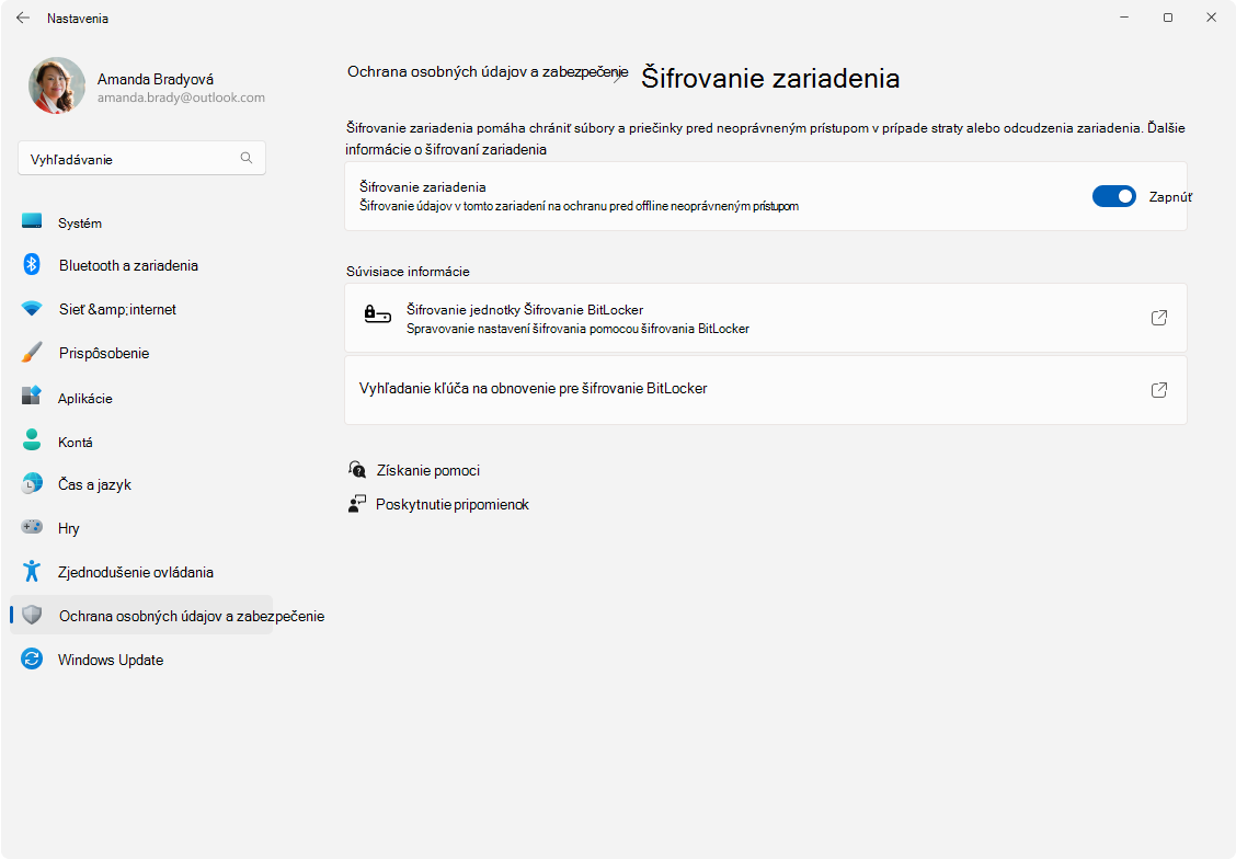 Snímka obrazovky s nastaveniami – šifrovanie zariadenia.