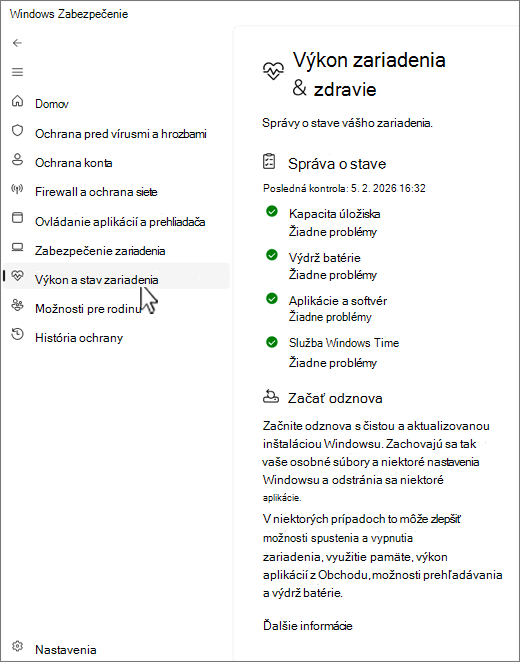 Snímka obrazovky so stránkou zariadenia a výkonu v aplikácii Windows Zabezpečenie.