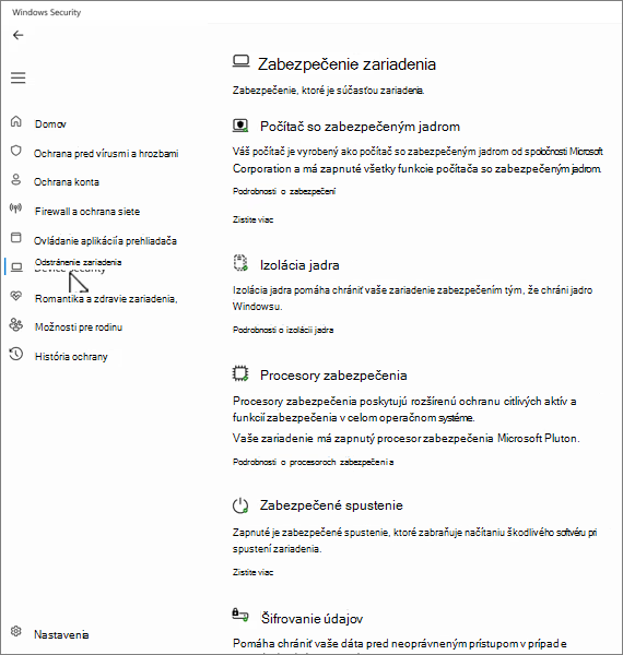 Snímka obrazovky zabezpečenia zariadenia v aplikácii Windows Zabezpečenie.