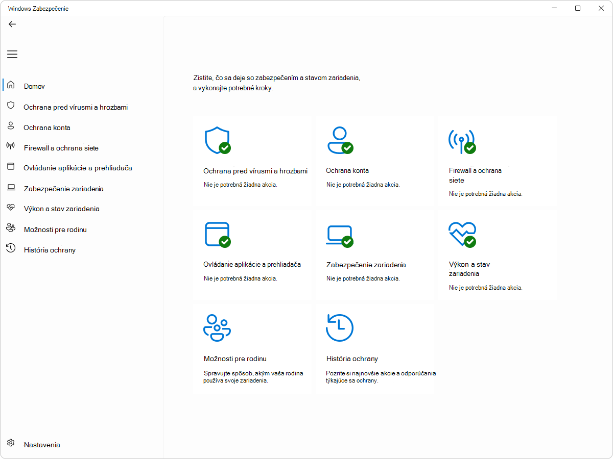 Snímka obrazovky Windows Zabezpečenie – tabla Domov.