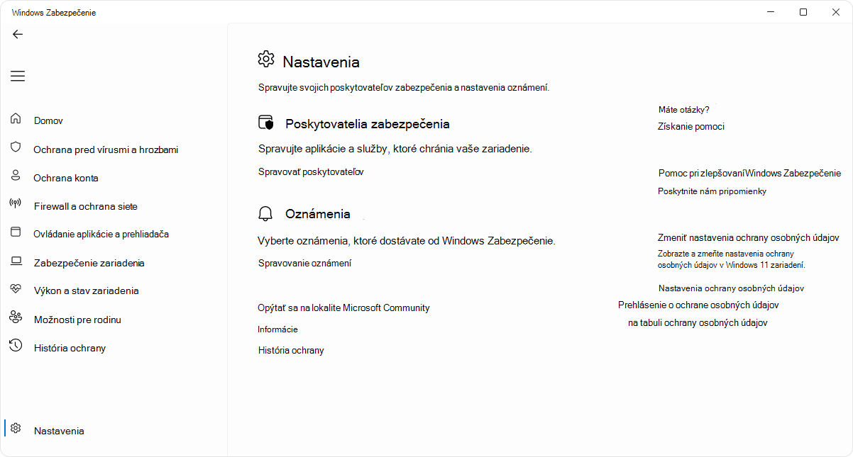 Snímka obrazovky so stránkou nastavení aplikácie Windows Zabezpečenie.