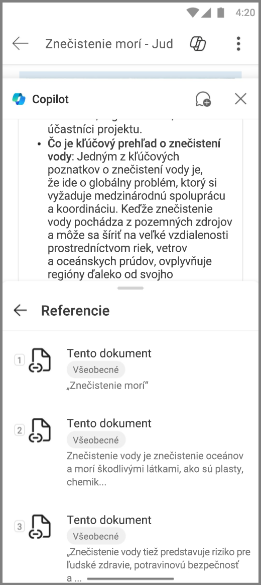 Snímka obrazovky Copilota vo Worde v zariadení s Androidom s odkazmi na odpoveď Copilota