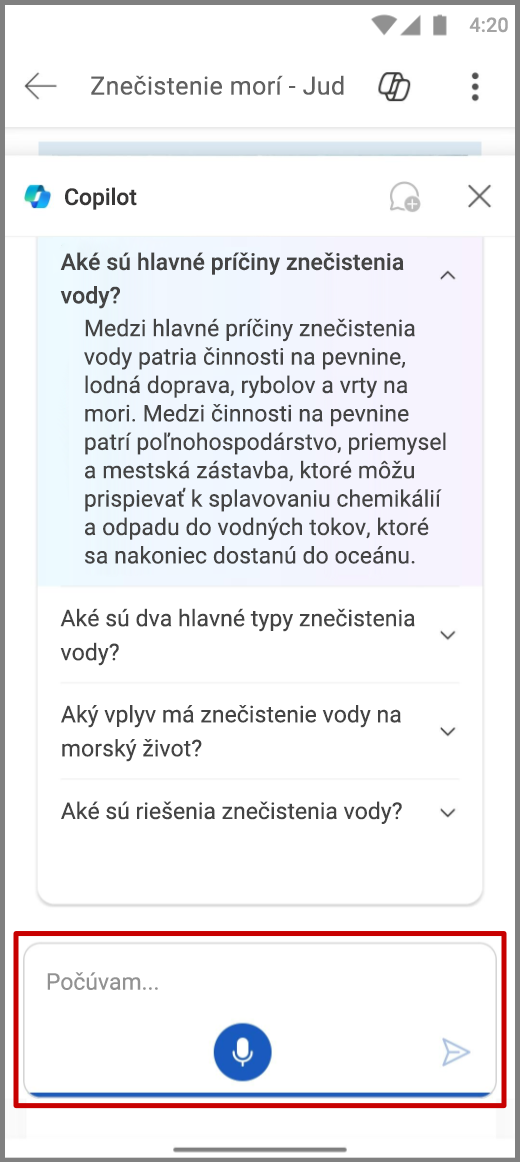 Snímka obrazovky Copilota vo Worde v zariadení s Androidom pomocou hlasového vstupu v poli na písanie