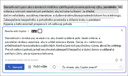 Snímka obrazovky Copilota vo Worde s návrhmi a možnosťami prepísania textu