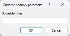 Zobrazuje príklad neočakávaného dialógového okna Zadanie hodnoty parametra v Accesse s identifikátorom označeným ako SomeIdentifier, poľom, do ktorého sa má zadať hodnota, a tlačidlami OK a Zrušiť.