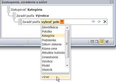 Výber možnosti výrazu na table Zoskupenie, zoradenie a súčet.