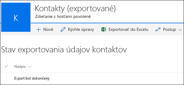 Zoznam SharePointu so záznam s názvom Export sa dokončil