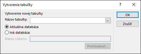 Dialógové okno Make Table v aplikácii Access vám umožňuje vybrať možnosti dotazu Make Table.