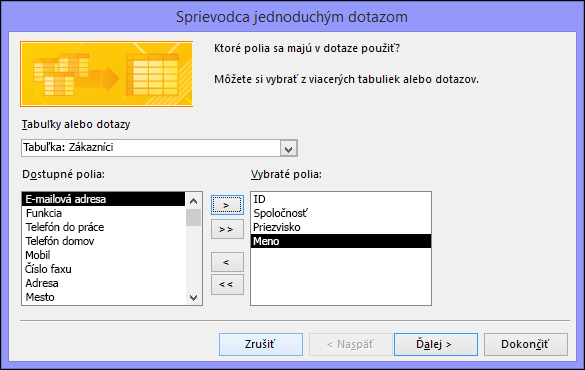 V dialógovom okne Sprievodca jednoduchým dotazom môžete vybrať polia, ktoré chcete použiť.