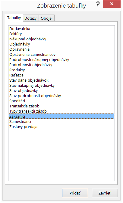 Zobrazuje dialógové okno Tabuľka v Accesse s názvami tabuliek
