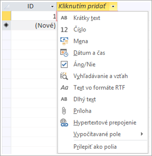zlomok obrazovky rozbaľovacej ponuky typu údajov kliknutím na pridanie