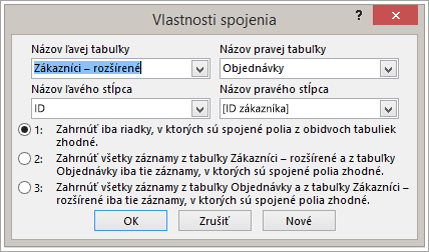 Snímka obrazovky s vlastnosťami spojenia so zvýraznením názvu ľavej tabuľky
