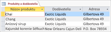 Zlomok obrazovky s údajmi o produktoch a dodávateľoch