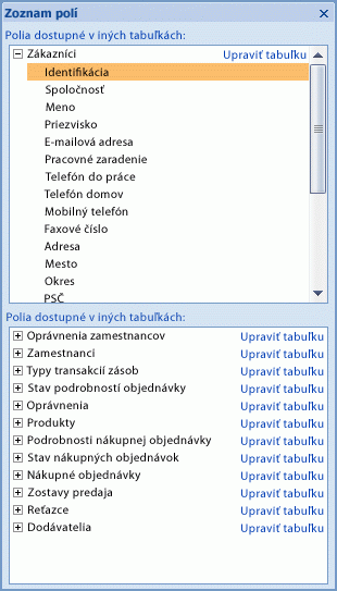 Tabla Zoznam polí
