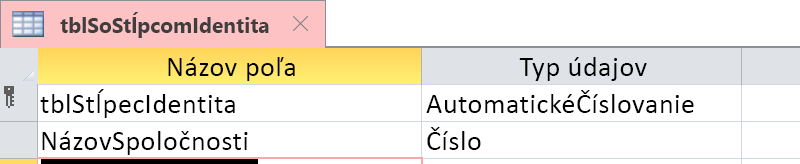 Zobrazí, že stĺpec identity je identifikovaný ako pole automatického číslovania