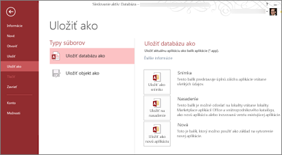 Možnosti Uložiť databázu ako na obrazovke Uložiť ako