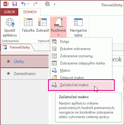 Príkaz Začiatočné makro na páse s nástrojmi.