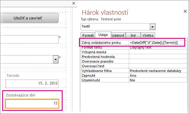 Zadanie funkcie DateDiff do vlastnosti textového poľa Zdroj ovládacieho prvku.