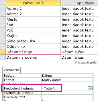 Nastavenie predvolenej hodnoty poľa Dátum a čas v accessovej tabuľke.