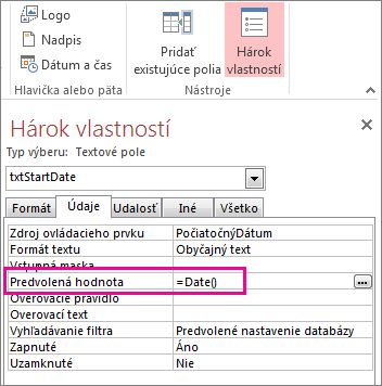 Hárok vlastností s vlastnosťou Predvolená hodnota nastavenou na hodnotu Date().