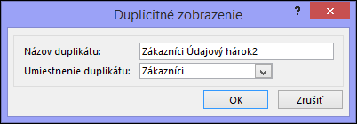 Duplicate view dialog showing name of duplicate box and location for duplicate box.