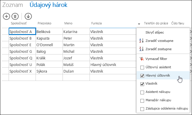 Filter options for Job Title column in datasheet