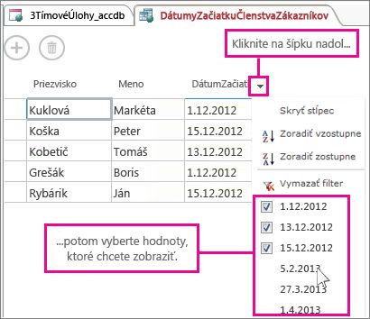 Filtrovanie stĺpca v dotaze accessovej aplikácie.