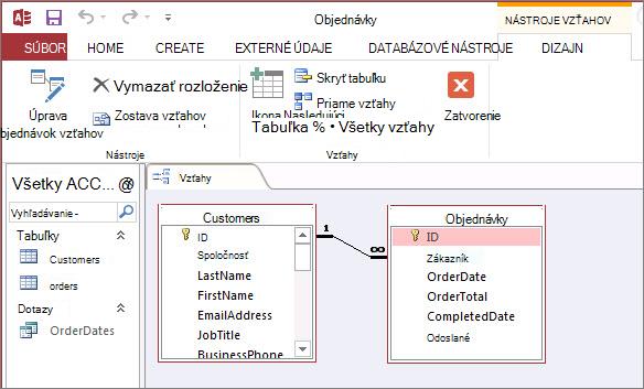 Okno Vzťahy Accessu