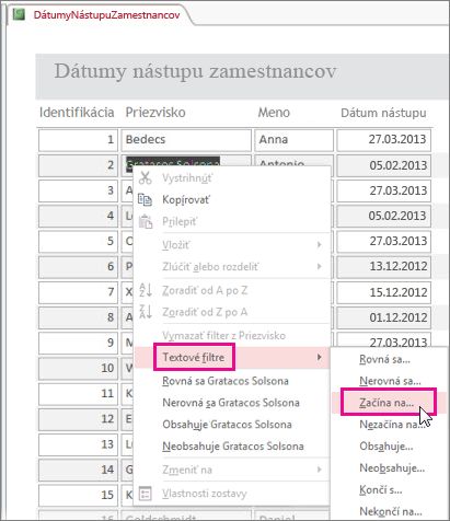 Použitie filtra v zostave kliknutím pravým tlačidlom myši na hodnotu v zobrazení zostavy.