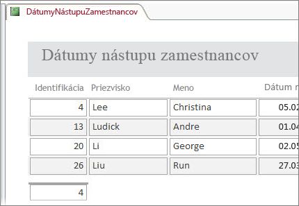 Vyfiltrovaná zostava zamestnancov, ktorých priezviská začínajú písmenom L.
