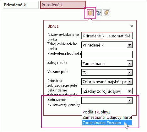 Výber zobrazenia kontextovej ponuky pre ovládací prvok Automatické dokončovanie.
