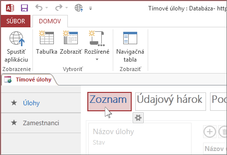 Výber zobrazenia v Accesse.