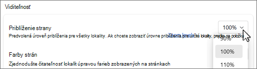 Snímka obrazovky s rozbaľovacím zoznamom úrovní priblíženia strany.