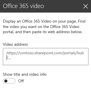 Snímka obrazovky dialógového okna s adresou videa v službách Office 365 v SharePointe.