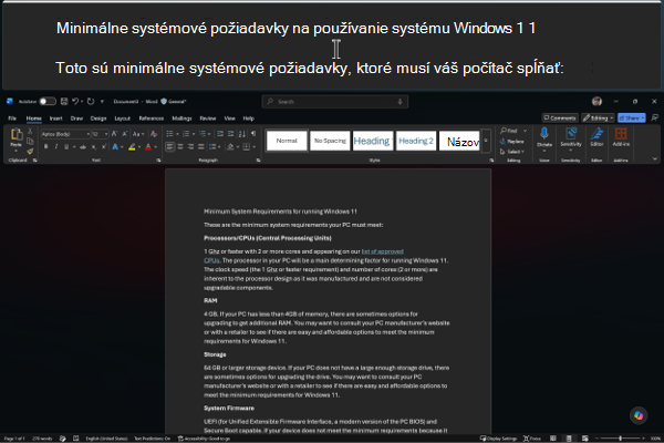 Snímka obrazovky zobrazujúca ukotvené zobrazenie: zväčšený pás je pripnutý k hornému okraju obrazovky so zväčšeným textom, zatiaľ čo aplikácia nižšie zostane v normálnej veľkosti.